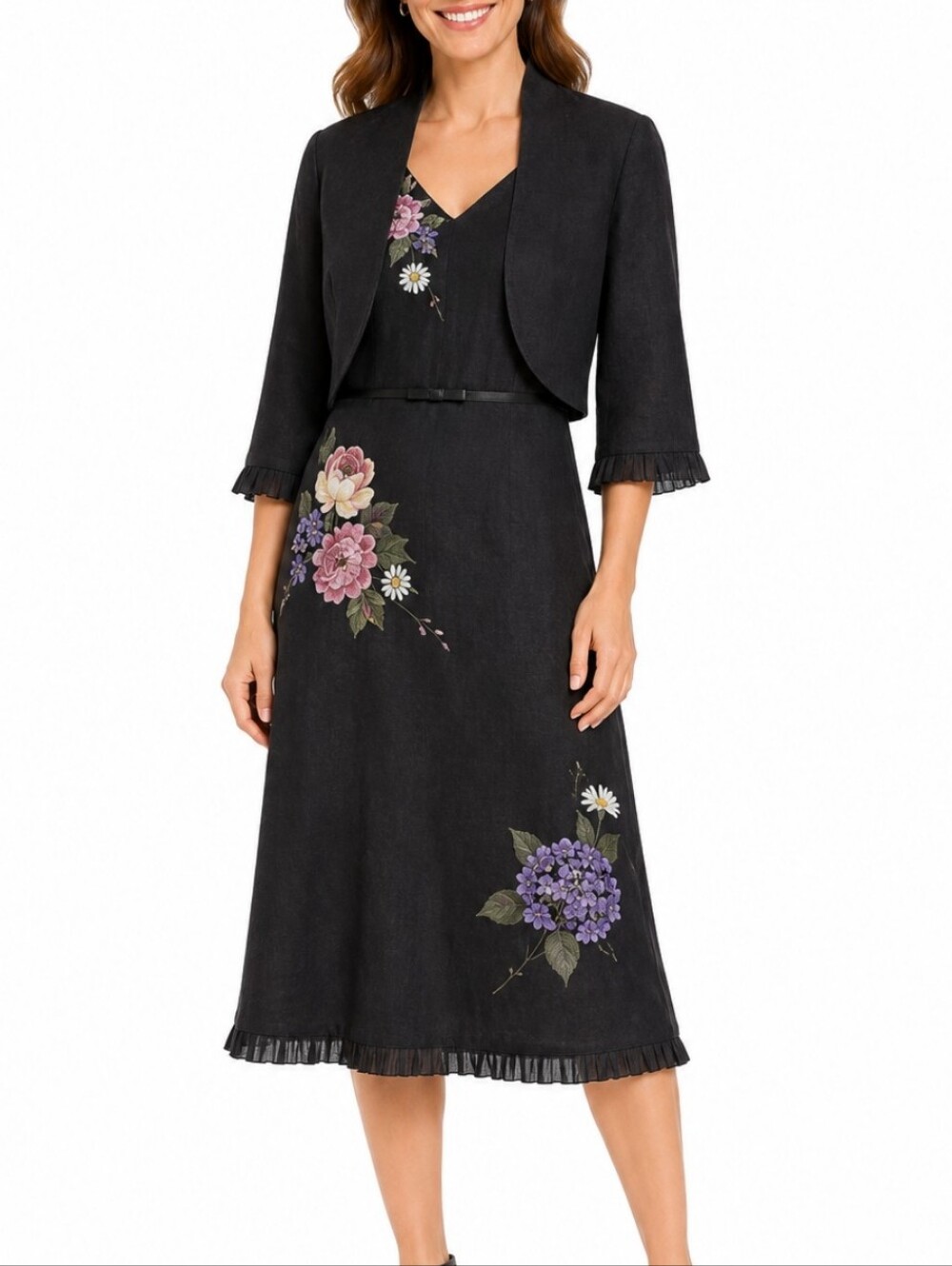 Plaza South Linen Blend 2 Piece Black Floral Embroidery Dress & Jacket Coord Set